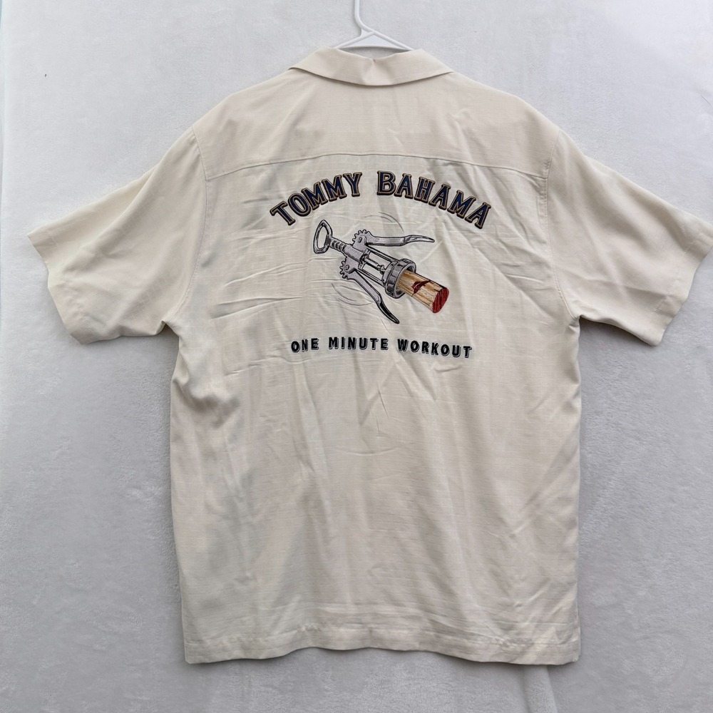 Tommy Bahama Shirt Mens M Cream Hawaiian Wing Corkscrew Embroidered